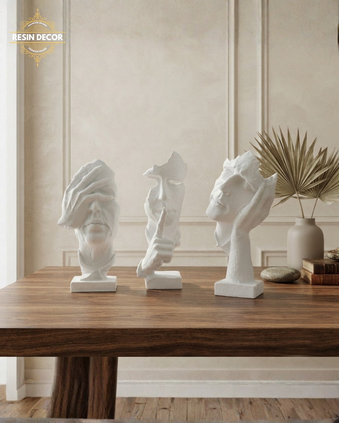 Abstract Thinker & Silence Face Resin Sculpture Set - Modern Thinker Decor