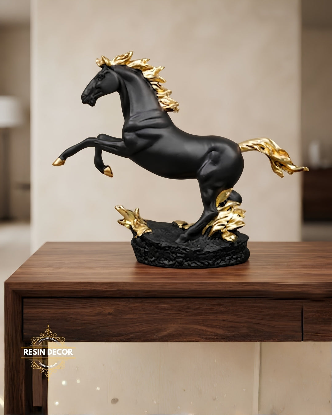 Rearing Horse Resin Statue - Black & Gold Luxury Decor