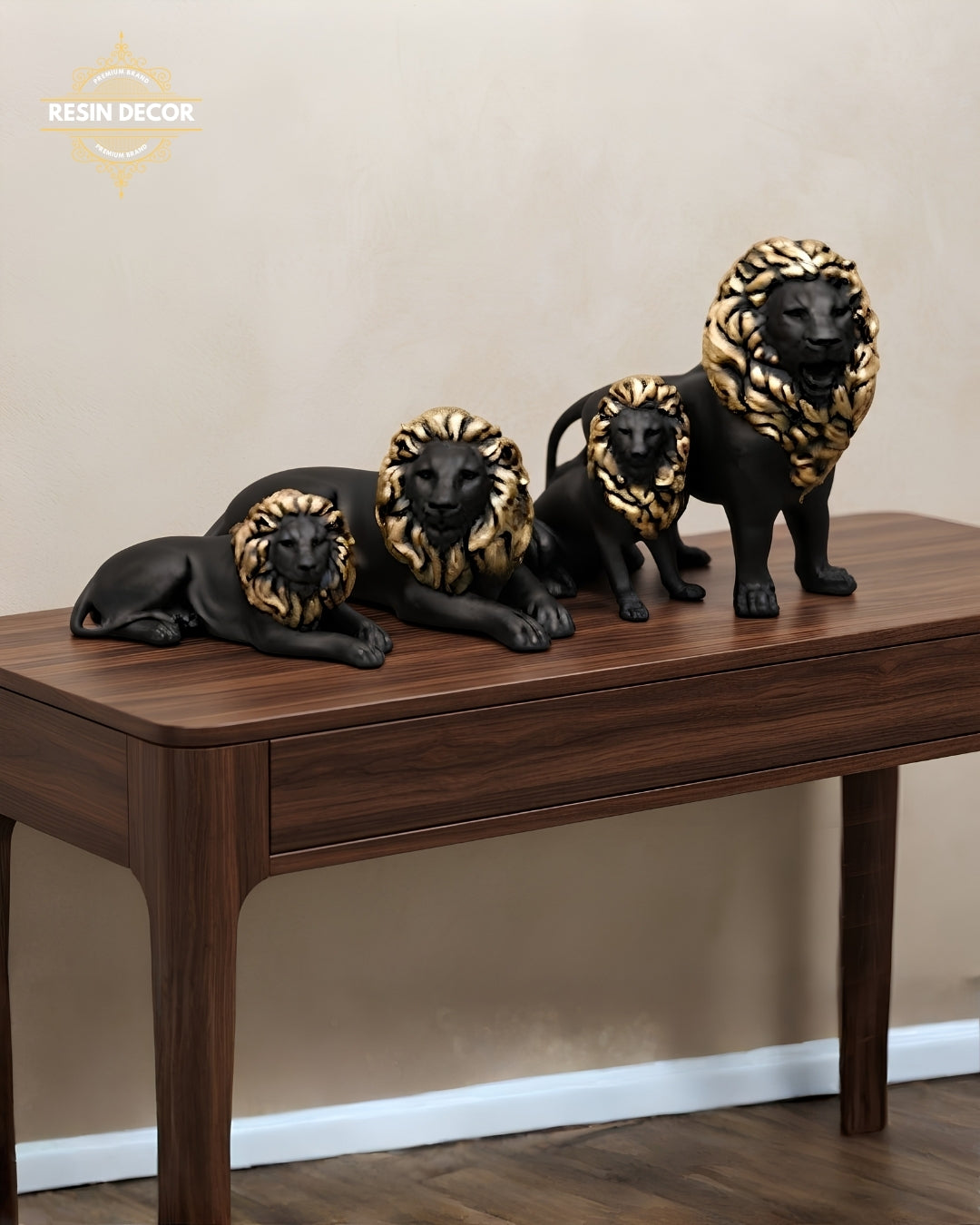 Royal Black & Gold Lion Family Resin Statue Set (Set of 4)