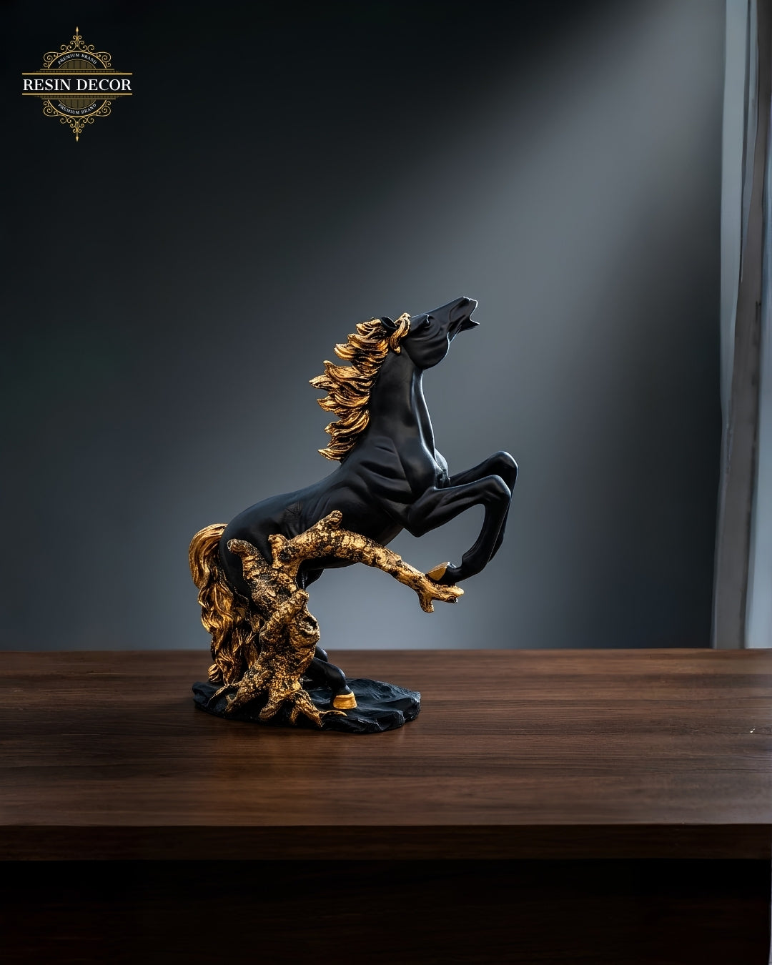 Grand Rearing Horse Resin Statue - Black & Gold Luxury Decor