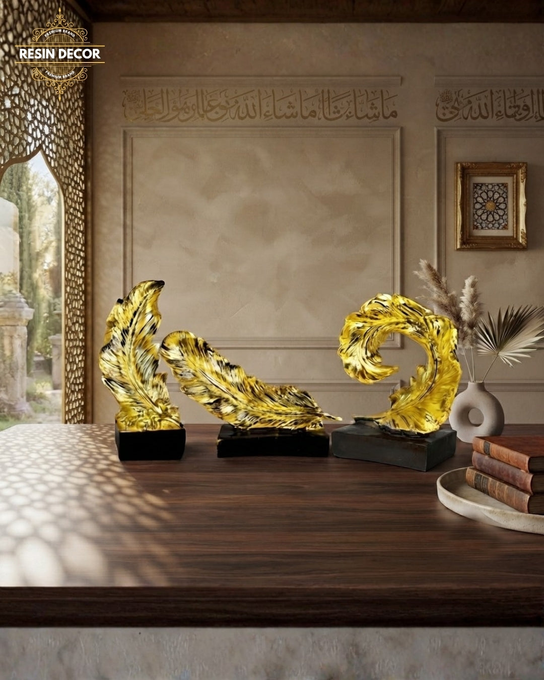 Elegant Golden Feather Resin Sculpture Set - Modern Home Luxury