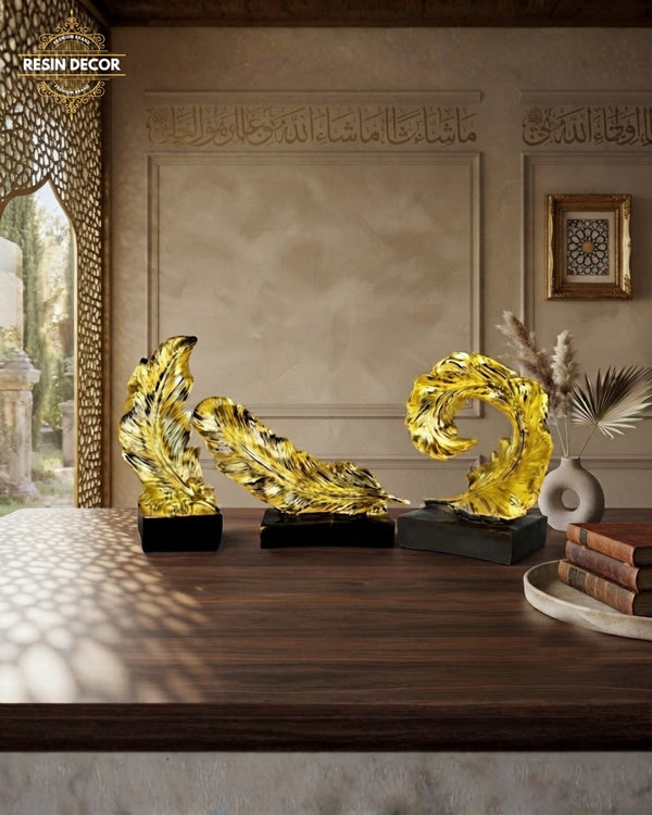 Elegant Golden Feather Resin Sculpture Set - Modern Home Luxury