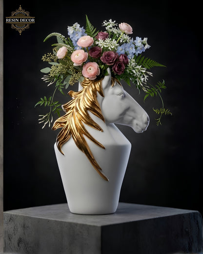 Modern Horse Art Decorative Flower Vase - White & Gold