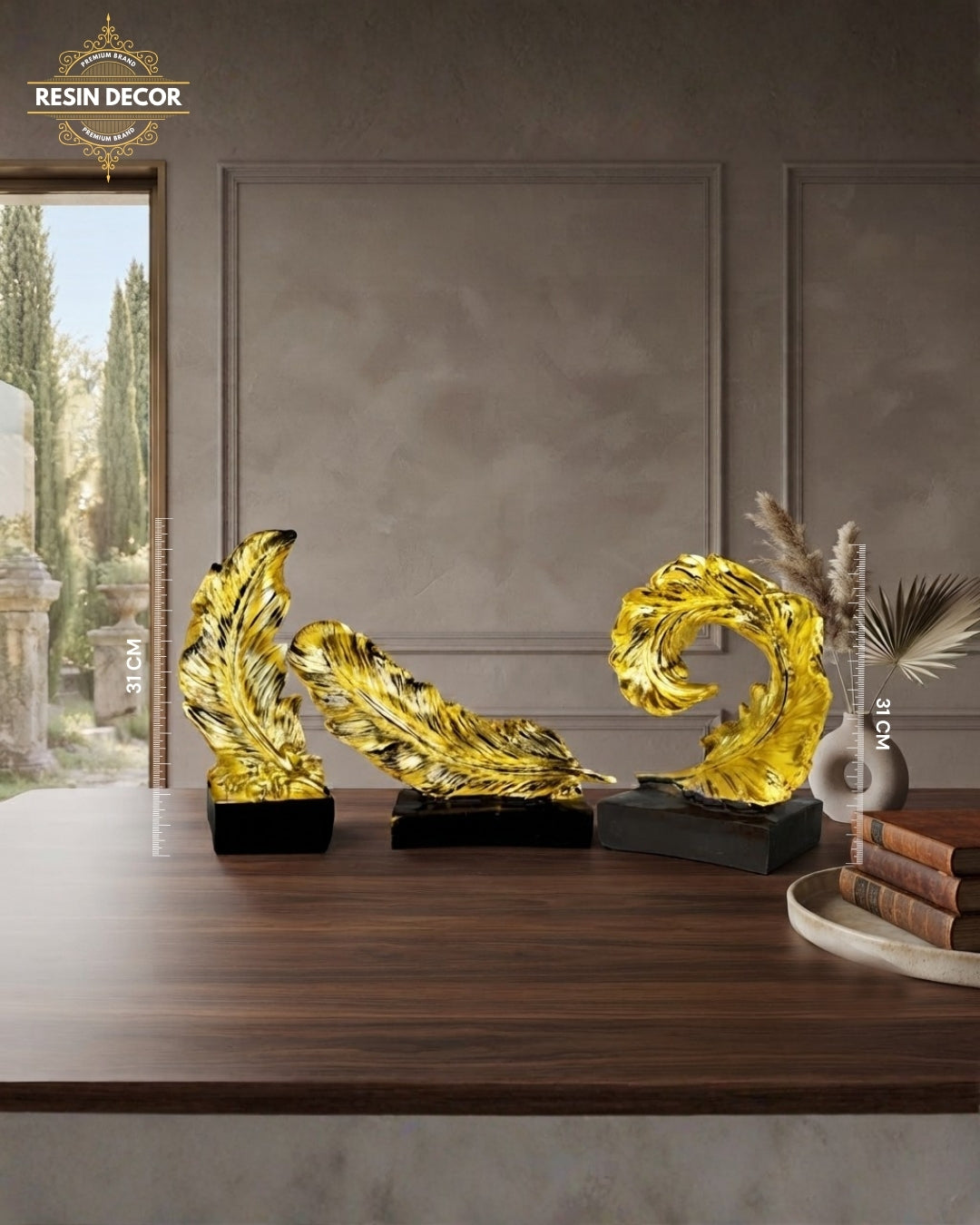 Elegant Golden Feather Resin Sculpture Set - Modern Home Luxury