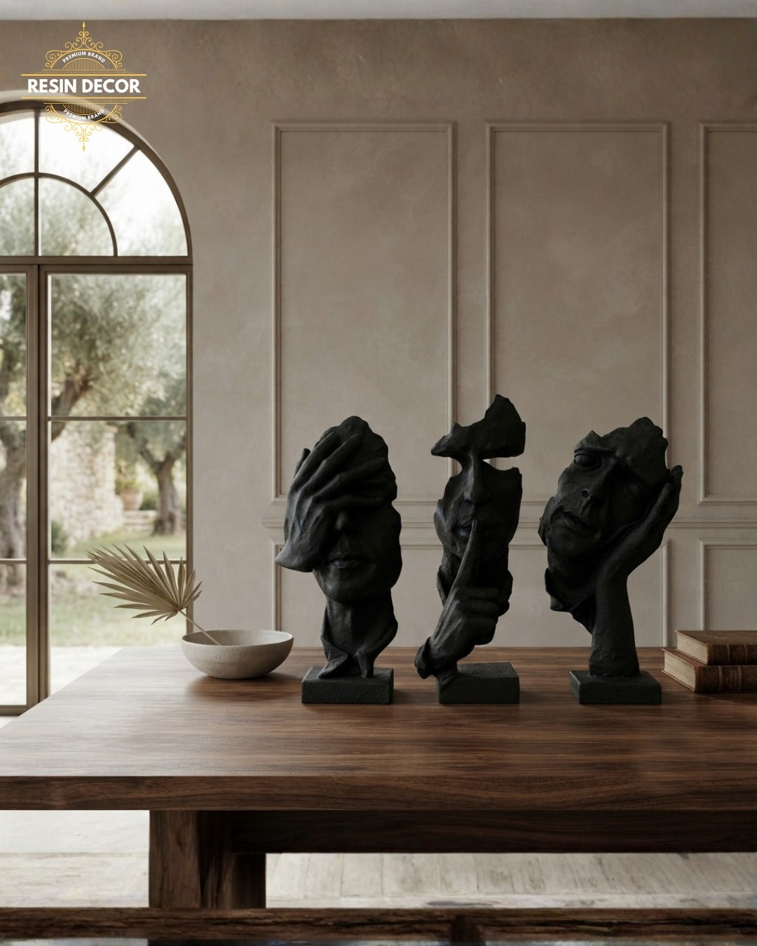 Abstract Thinker &amp; Silence Face Resin Sculpture Set - Modern Thinker Decor
