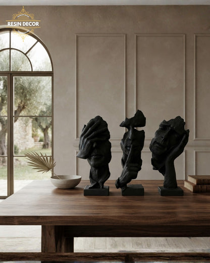 Abstract Thinker &amp; Silence Face Resin Sculpture Set - Modern Thinker Decor