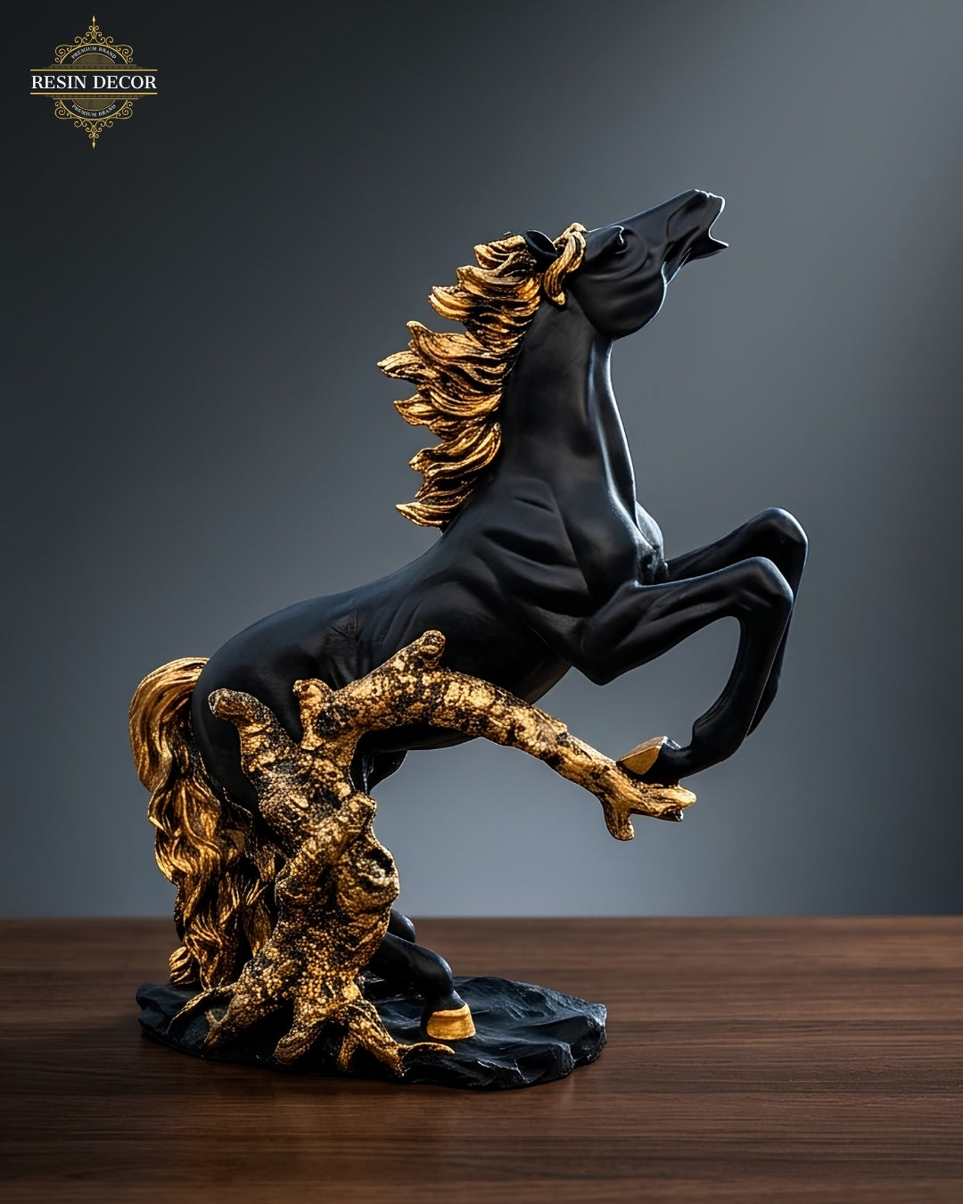 Grand Rearing Horse Resin Statue - Black & Gold Luxury Decor