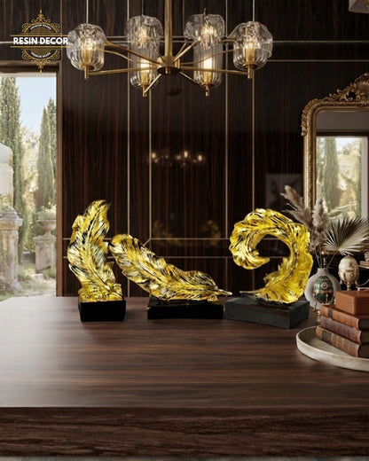Elegant Golden Feather Resin Sculpture Set - Modern Home Luxury