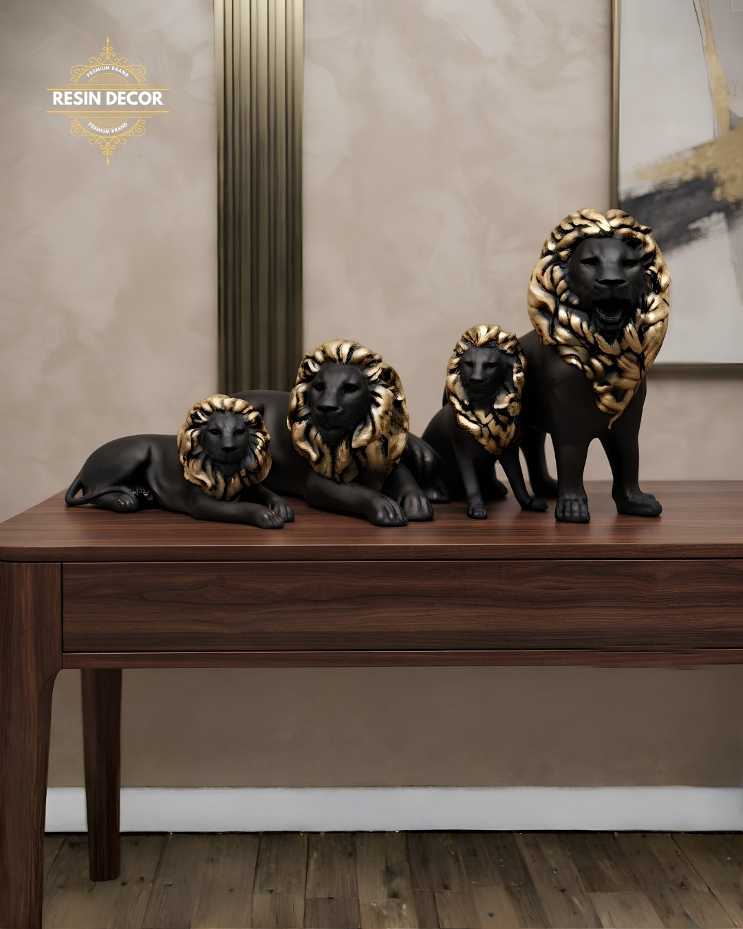 Royal Black &amp; Gold Lion Family Resin Statue Set (Set of 4)