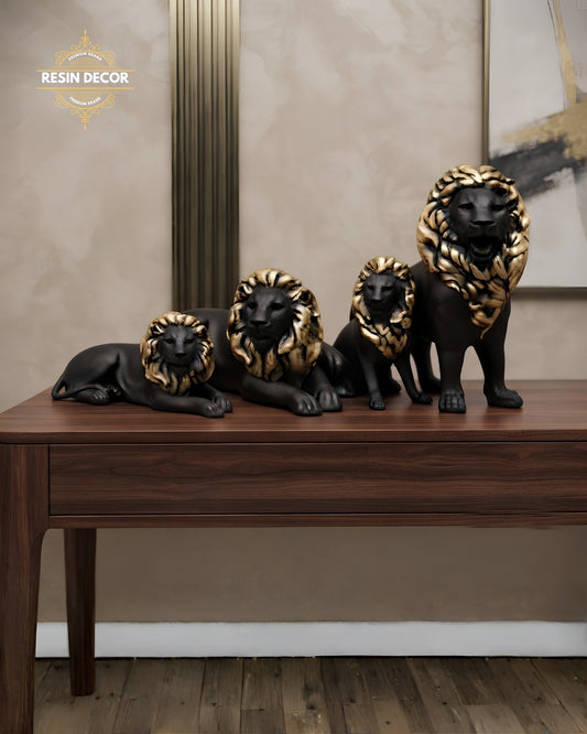 Royal Black &amp; Gold Lion Family Resin Statue Set (Set of 4)