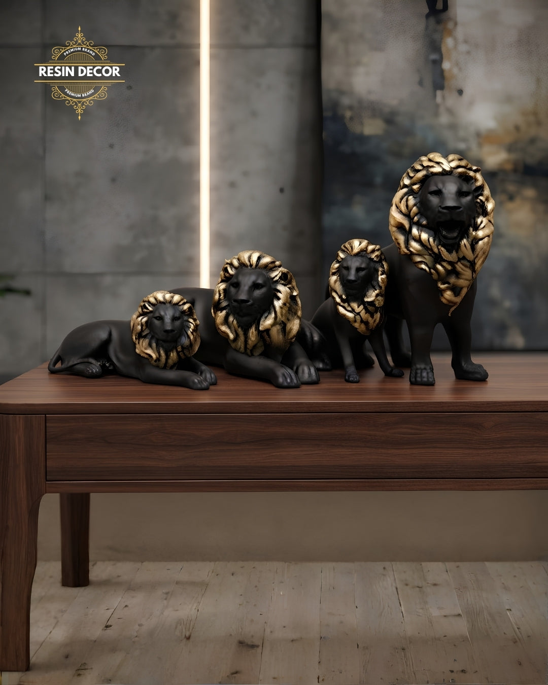 Royal Black &amp; Gold Lion Family Resin Statue Set (Set of 4)