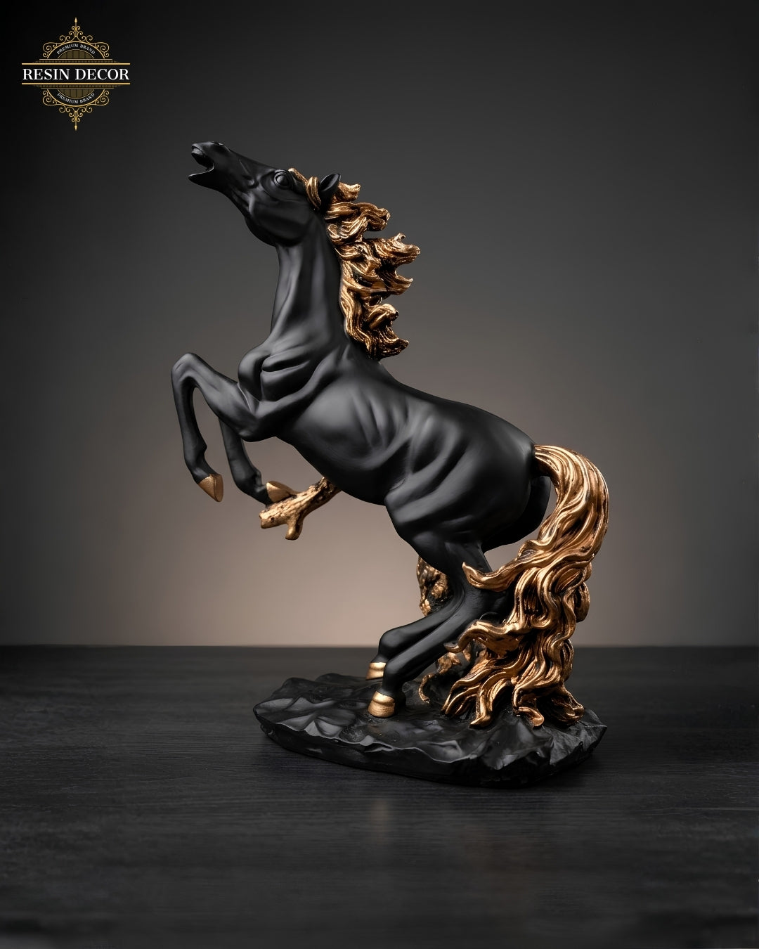 Grand Rearing Horse Resin Statue - Black & Gold Luxury Decor