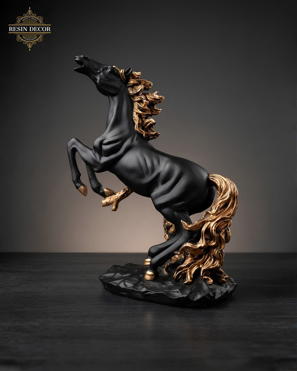 Grand Rearing Horse Resin Statue - Black & Gold Luxury Decor