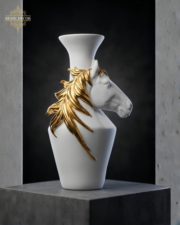 Modern Horse Art Decorative Flower Vase - White & Gold